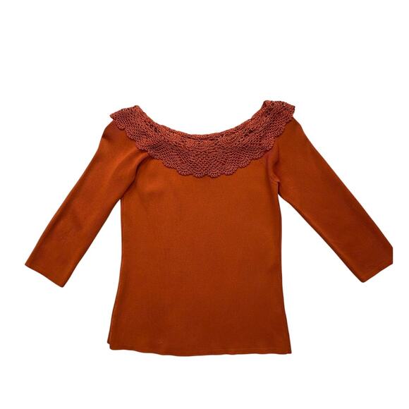 90s Joseph A Orange Knit 3/4 Sleeve Top w Crochet Neckline - Picture 1 of 3